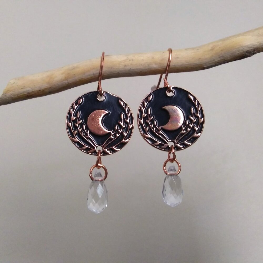 Black and Copper Toned Moon and Leaf Dangle Earrings